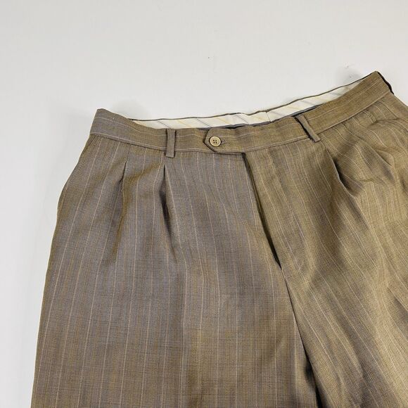 Mantoni 46L Suit 36x31 Pleated Beige Striped 100% Wool Four Button Lined - Picture 10 of 12